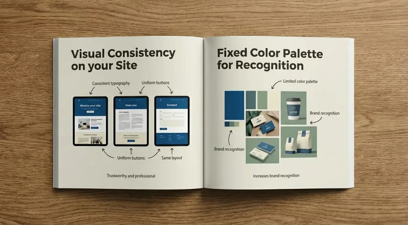Side-by-side comparison showing how a consistent color palette improves visual consistency, brand recognition, and professional website design.