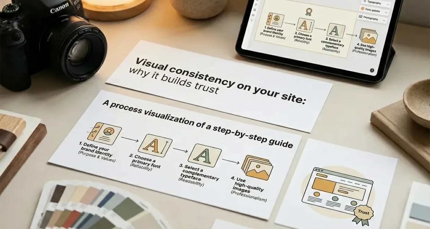 Step-by-step guide for selecting fonts and high-quality images to improve visual consistency and build website trust.