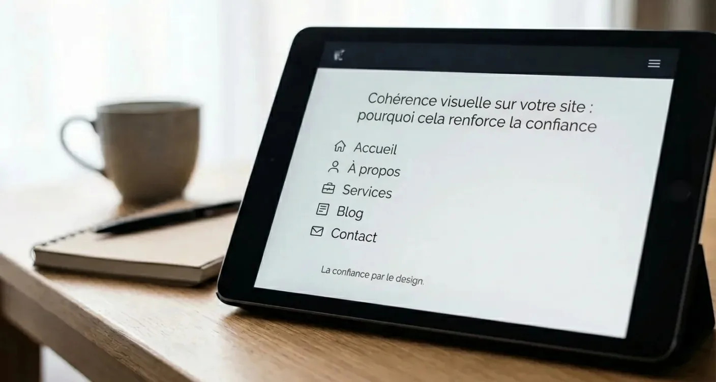 Menu de navigation web minimaliste et cohérent, typographie claire. Essentiel pour la confiance et l'expérience utilisateur (UX).