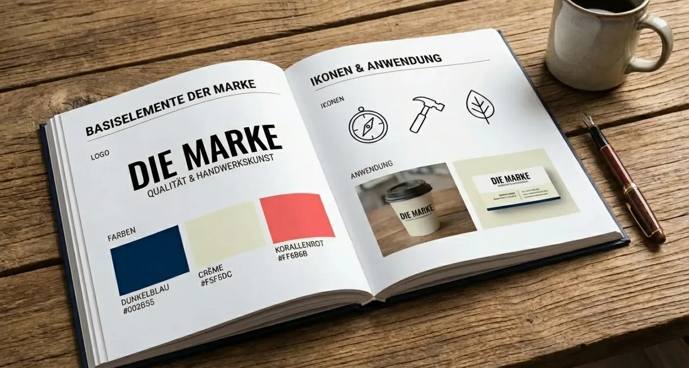 Detailliertes Markenhandbuch zeigt Logo, Farbpalette und Icons f&uuml;r konsistentes Brand Design auf Holztisch.