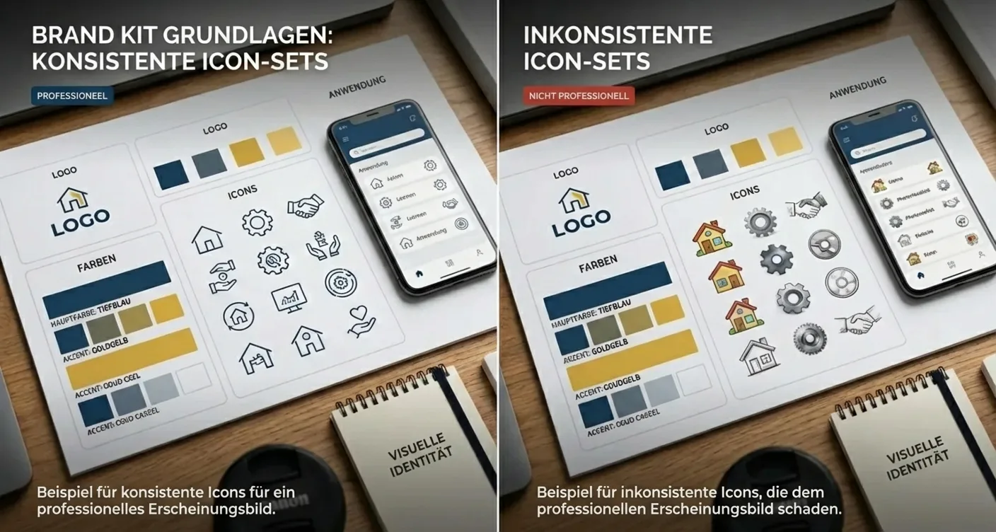 Brand Kit Vergleich: Logo, Farbschema, Icon-Sets. Demonstriert konsistente vs. inkonsistente Icons f&uuml;r professionelle Markenidentit&auml;t.