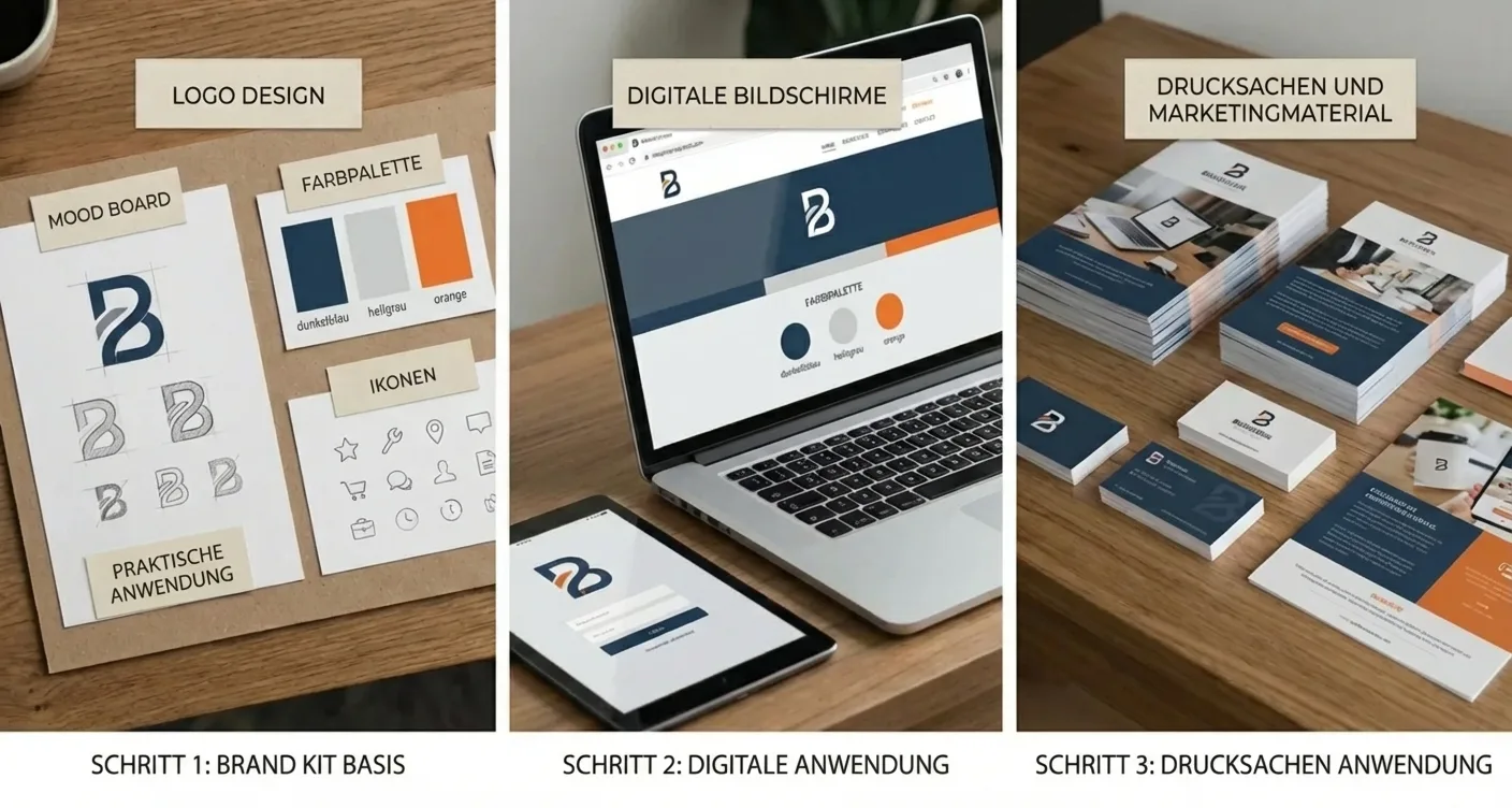 Prozessvisualisierung Brand Kit: Logo, Farben, Icons für digitales & Print Marketing. Professionelles Corporate Design.