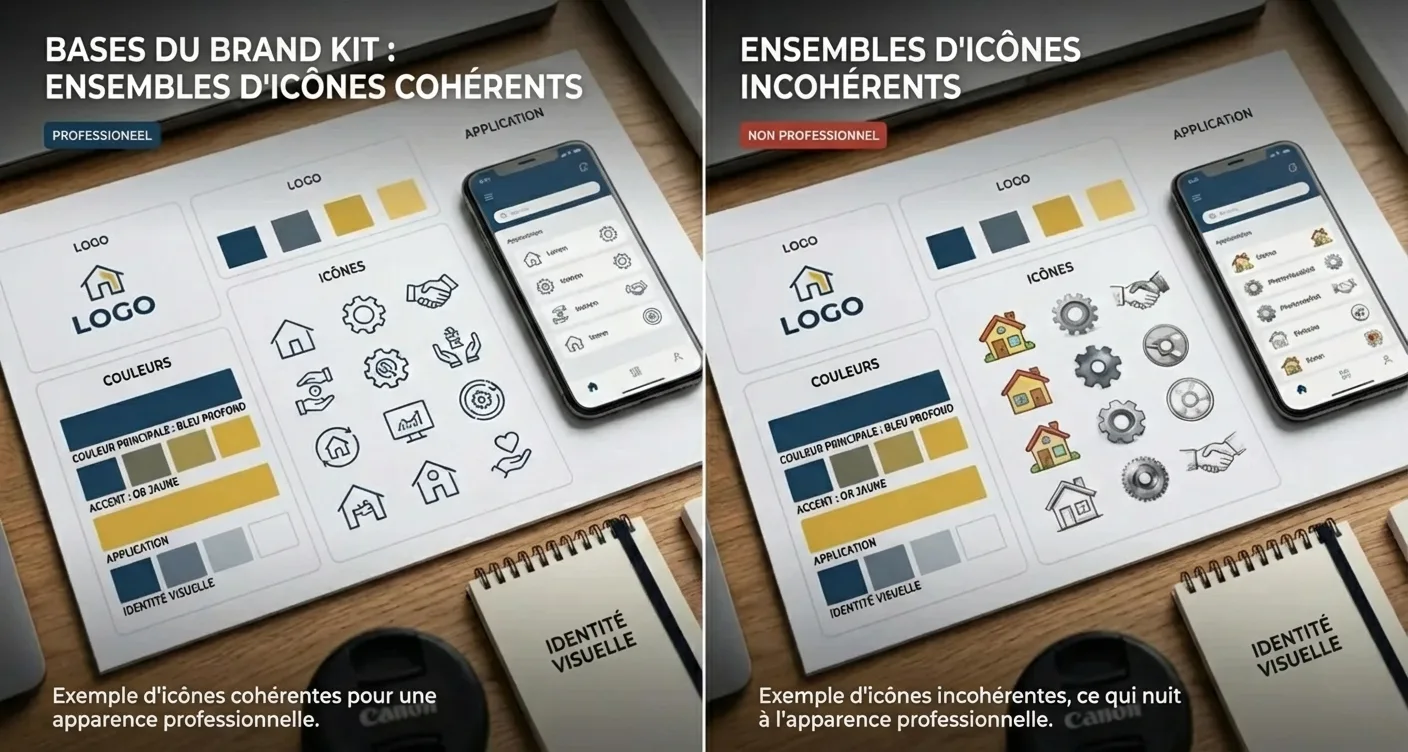 Comparaison visuelle des &eacute;l&eacute;ments cl&eacute;s d'un kit de marque : logos, couleurs et ic&ocirc;nes, avec exemples d'application.