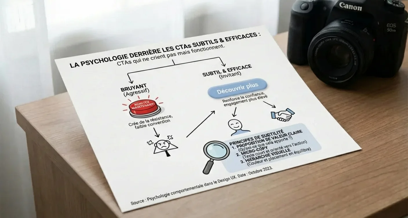 Infographie: psychologie marketing des CTA discrets et efficaces pour des conversions web.
