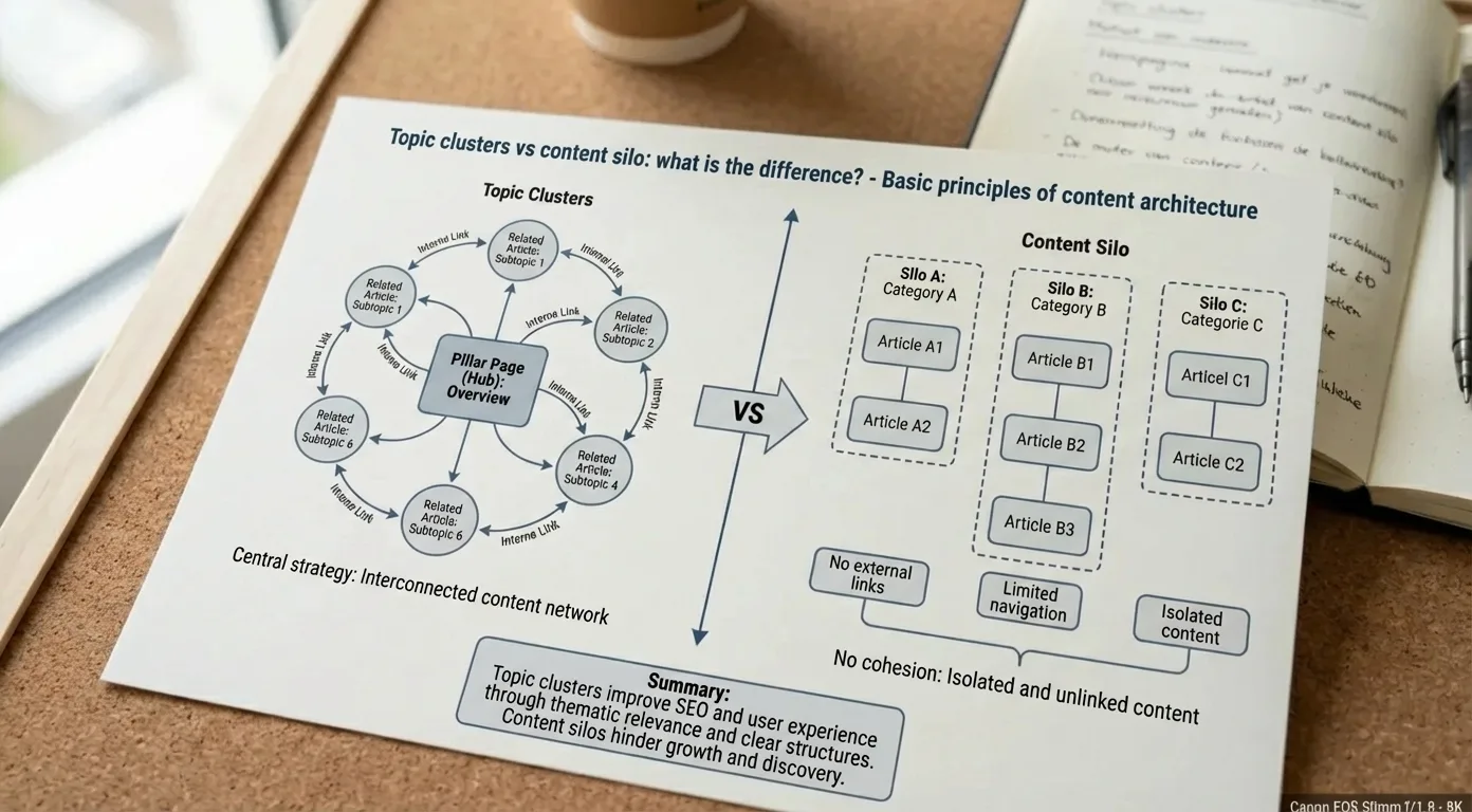 Diagram comparing topic clusters vs. content silos, detailing SEO content architecture principles.
