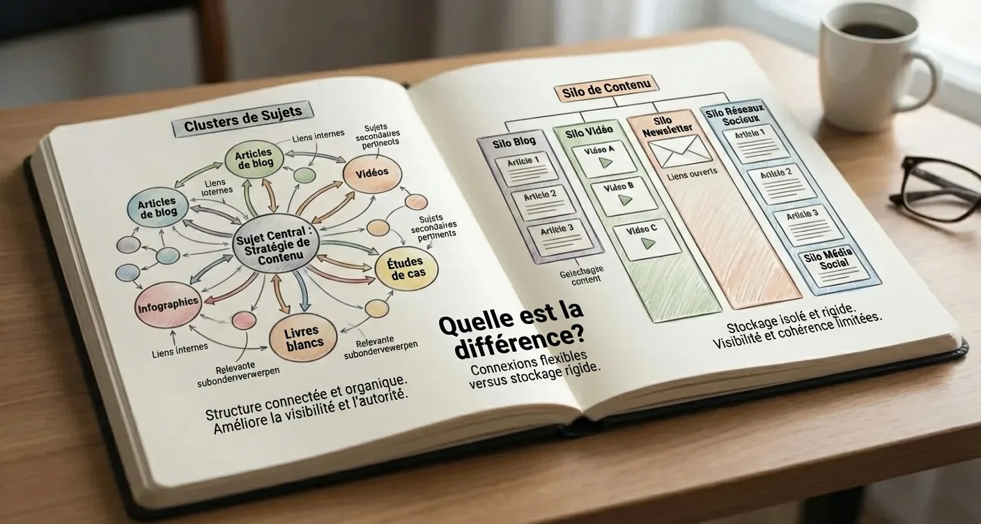 Infographie comparant clusters de sujets et silos de contenu pour un SEO optimal. Visuel professionnel.