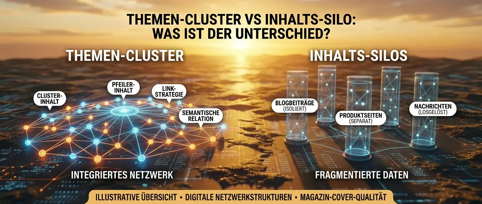 Topic Cluster vs. Content-Silo: Vergleich von SEO-Website-Strukturen für bessere Sichtbarkeit und Rankings.