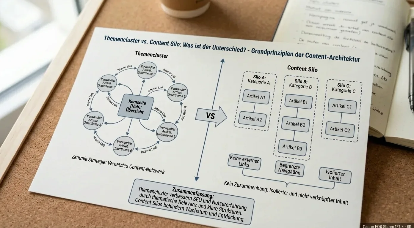 Diagramm: Topic Cluster vs. Content-Silo in Content-Architektur. Grundlagen für Content-Strategie & SEO.