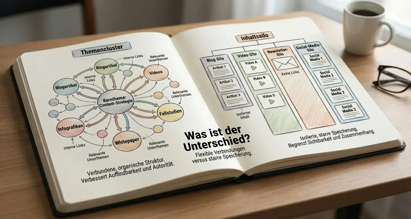 Infografik erklärt Unterschiede zwischen Topic-Cluster und Content-Silo für bessere SEO-Strategien und Content Marketing.