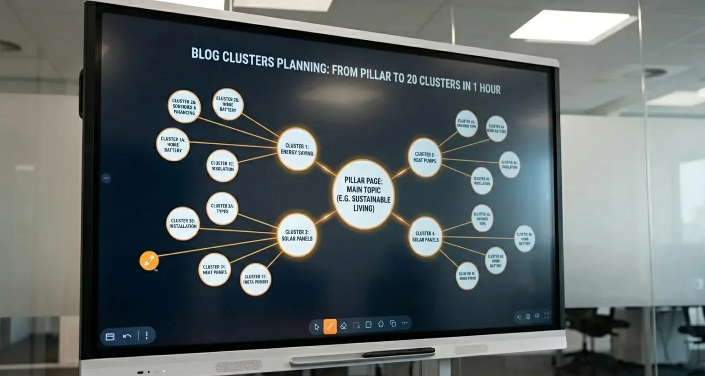 Digital whiteboard visualizes SEO topic cluster planning with connected content hubs and spokes.