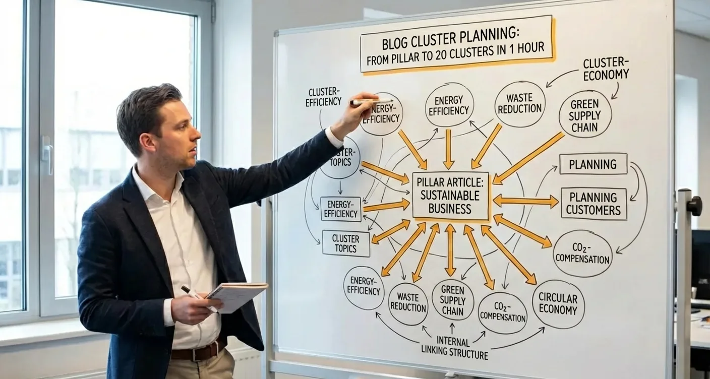 SEO expert planning topic clusters, internal links, and content strategy on a whiteboard.