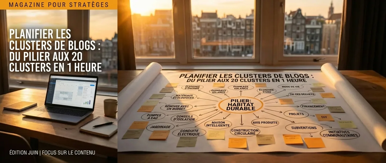 Planification stratégie SEO: clusters de contenu et page pilier, 20 grappes en 1h.