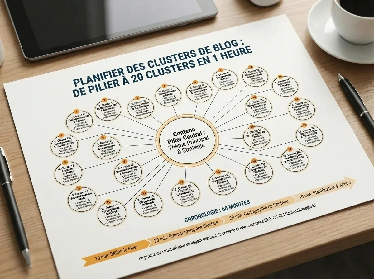 Infographie stratégie SEO : plan de cluster de contenu avec page pilier centrale et 20 articles satellites.