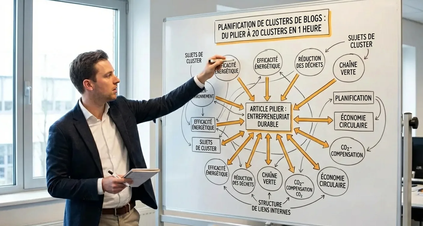 Spécialiste SEO élaborant un cocon sémantique et maillage interne complexe sur tableau blanc.