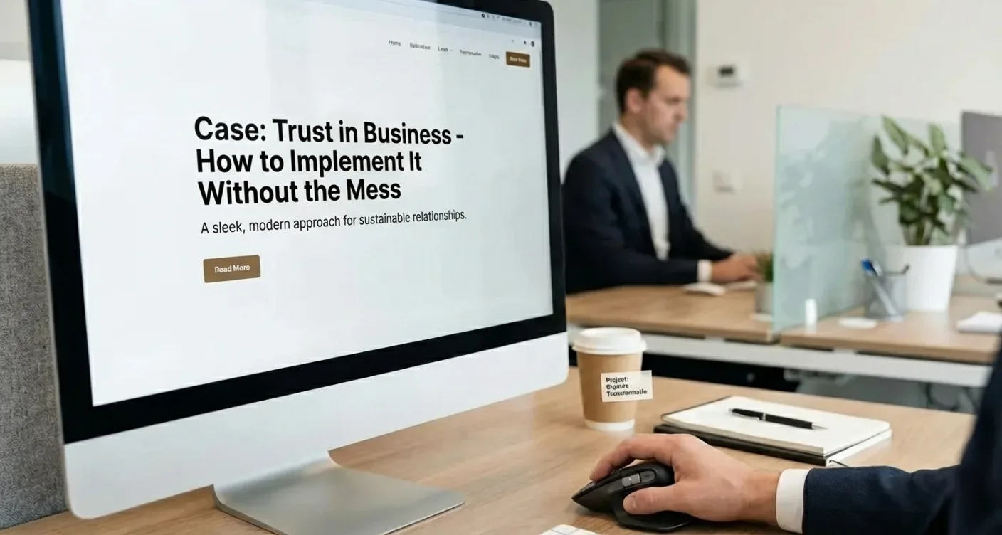 Modern corporate trust office interior with minimalist web design on screen, reflecting a professional brand identity.
