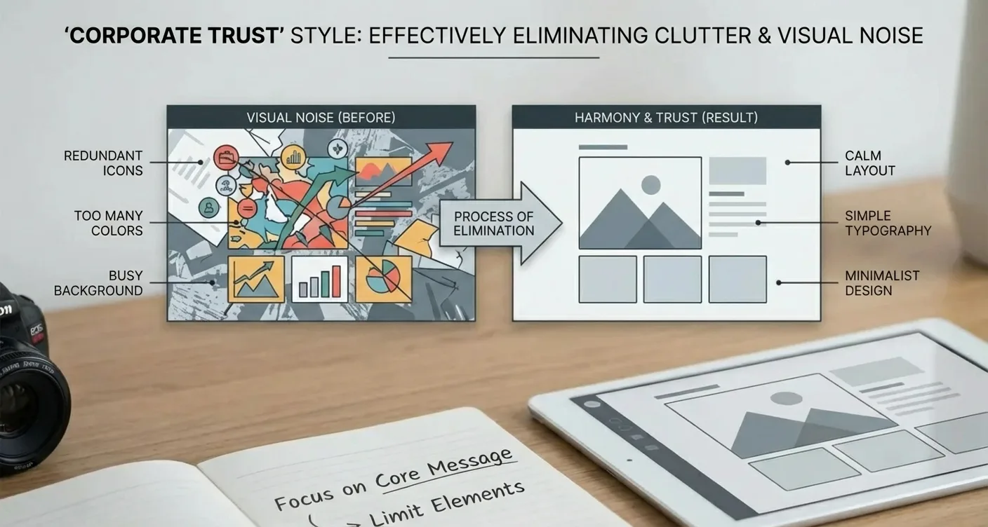 Professional corporate infographic: declutter visuals, eliminate visual noise for a clean, streamlined look.
