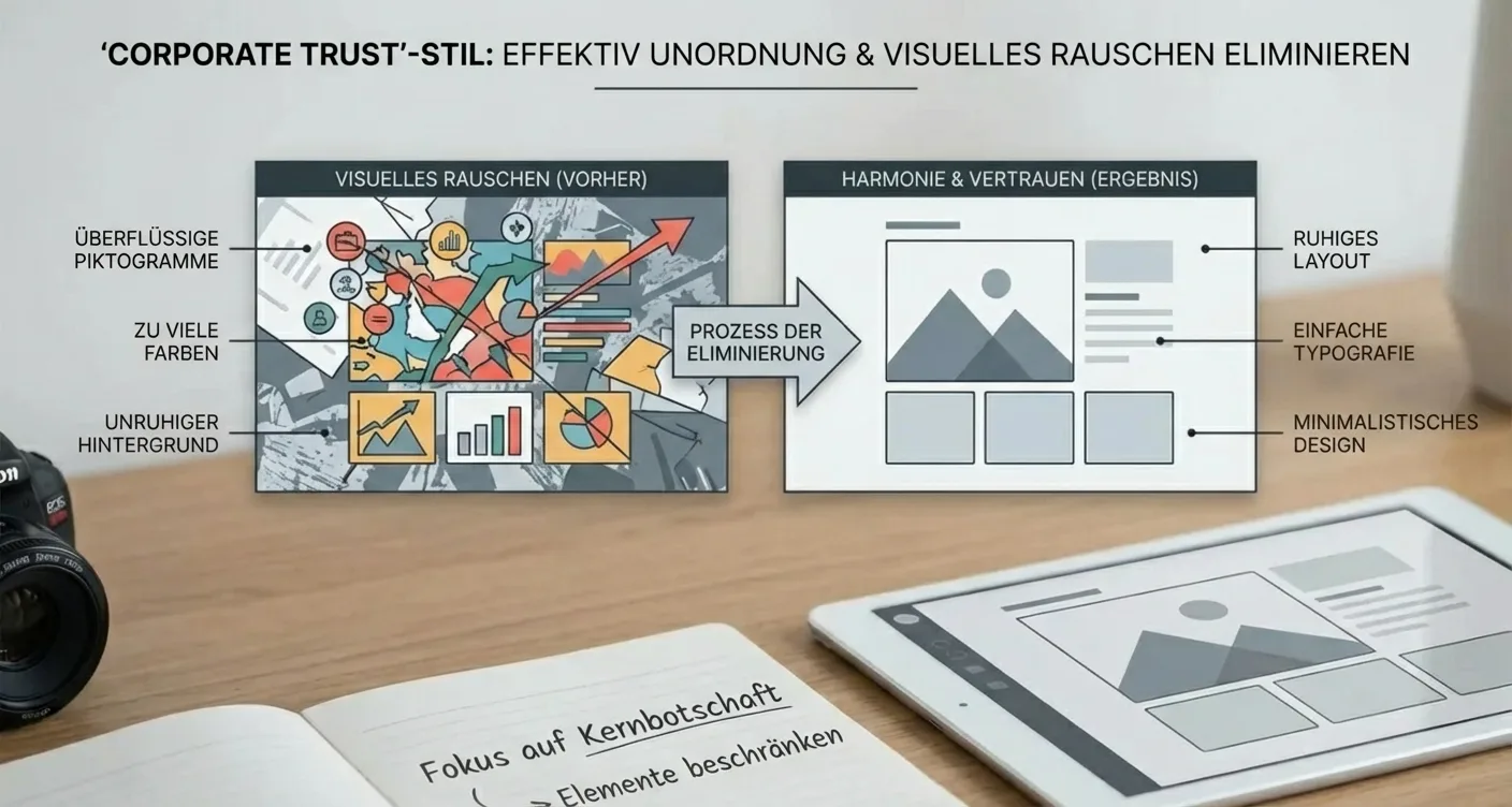 Infografik zum Corporate Design für Vertrauen: Visuelle Klarheit, Reduzierung von Unordnung und Rauschen für ein