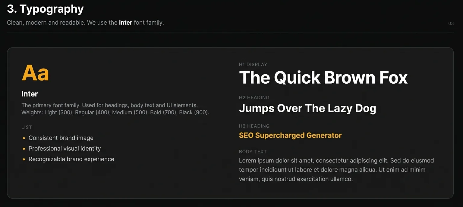 Brand typography guidelines with approved fonts, headings, and text formatting for visual identity.