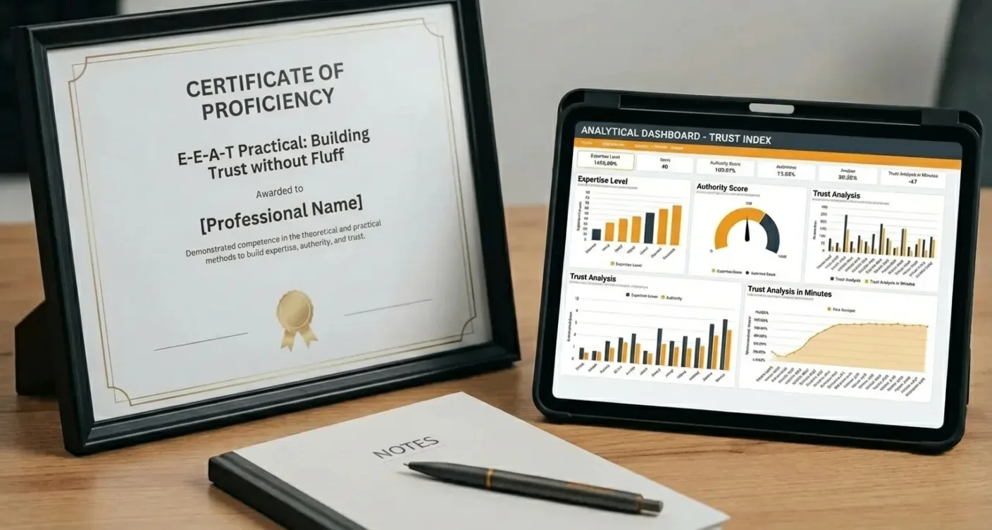 Analytics dashboard and professional certificate on a workspace, demonstrating E-E-A-T for SEO trust and authority.