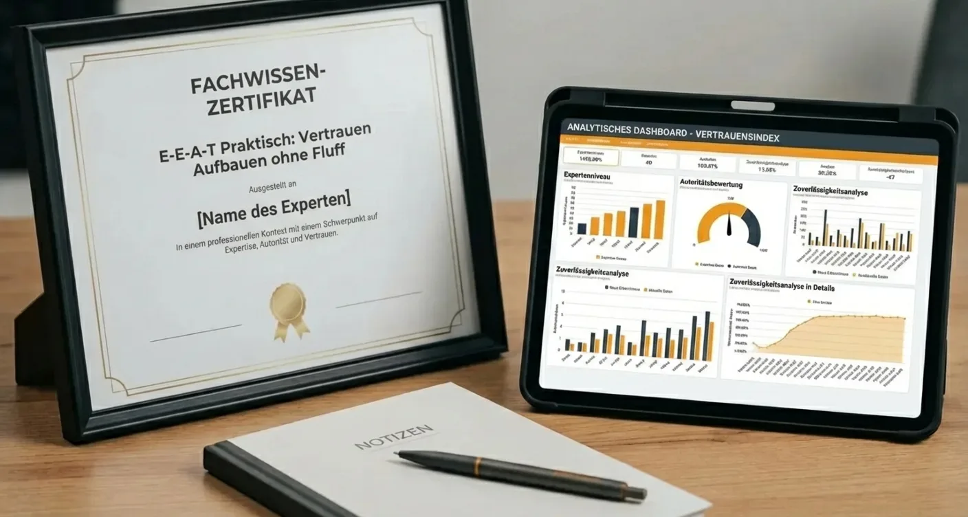 E-E-A-T-Arbeitsplatz: Zertifikate & Analyse-Dashboard fördern SEO-Vertrauen und Glaubwürdigkeit.