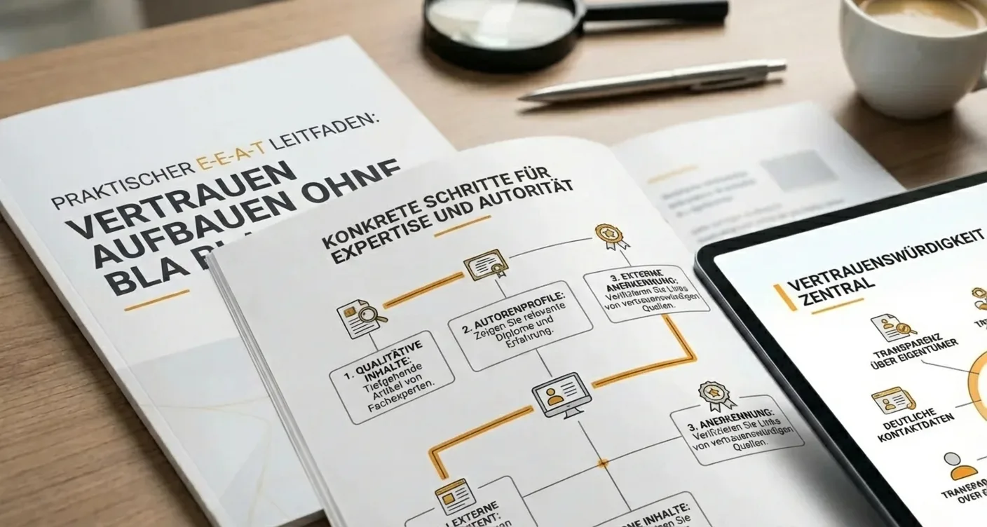 Infografik: E-E-A-T in der Praxis – Vertrauen aufbauen durch konkrete SEO-Schritte zu Expertise & Autorität.
