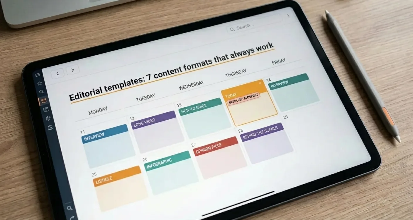 Digital content strategy board showcasing 7 effective content formats for marketing & SEO planning.