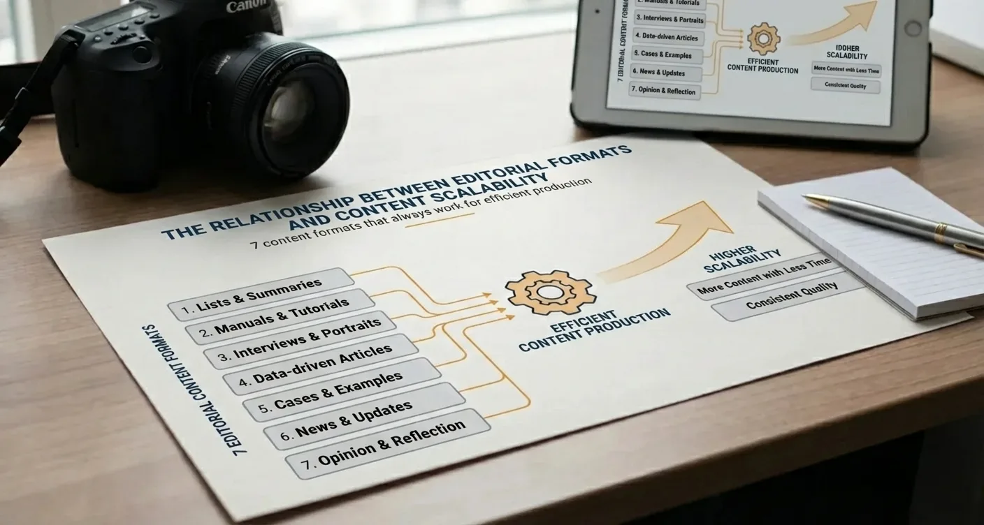 Infographic detailing 7 effective content formats and their impact on content production scalability.