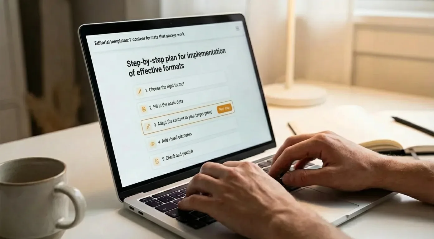 Laptop screen displaying 7 editorial content formats with a step-by-step content strategy and implementation plan.