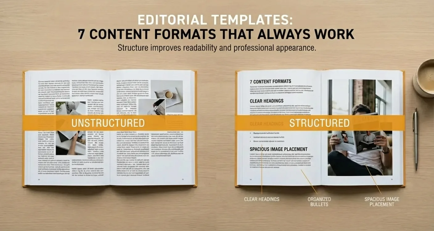7 effective editorial content formats improve readability & professional design. Side-by-side comparison.