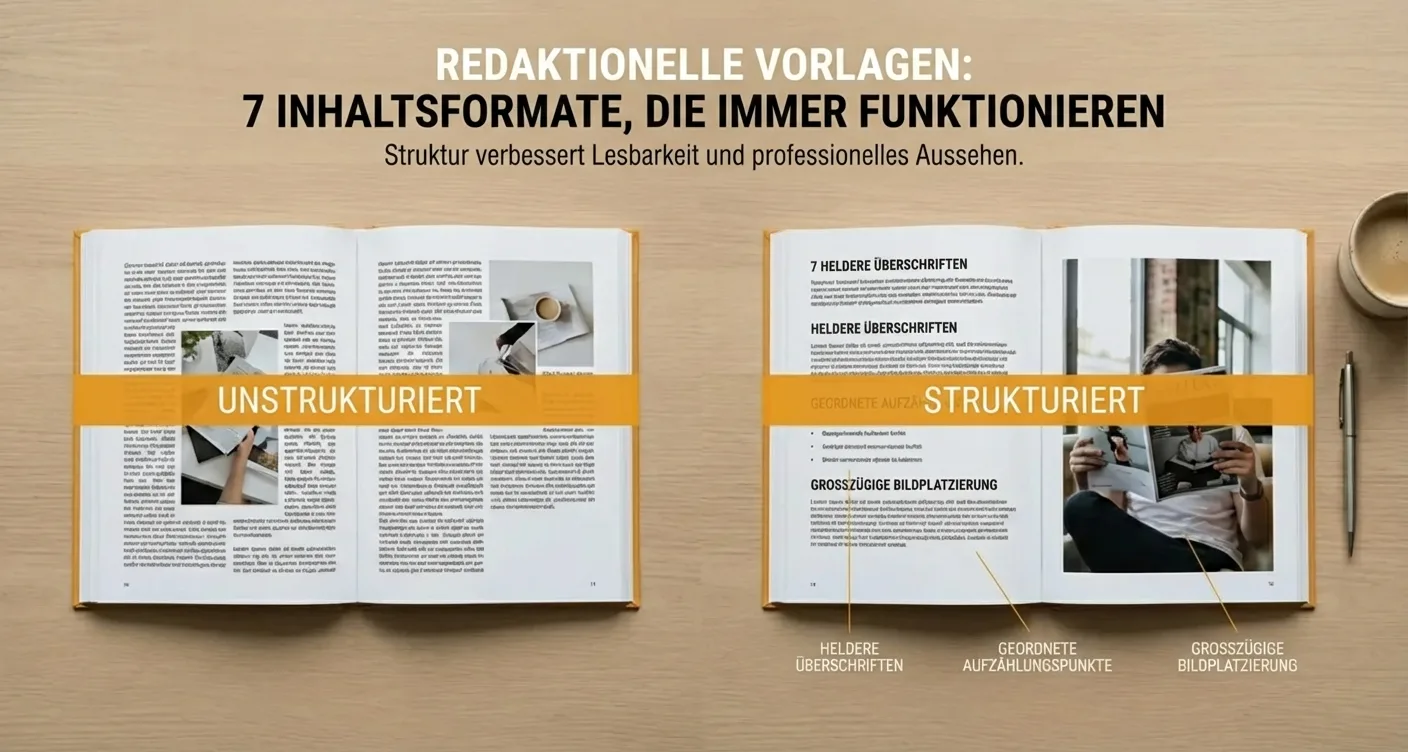 Vergleich: Redaktionelle Vorlagen demonstrieren, wie gute Struktur die Text-Lesbarkeit optimiert.