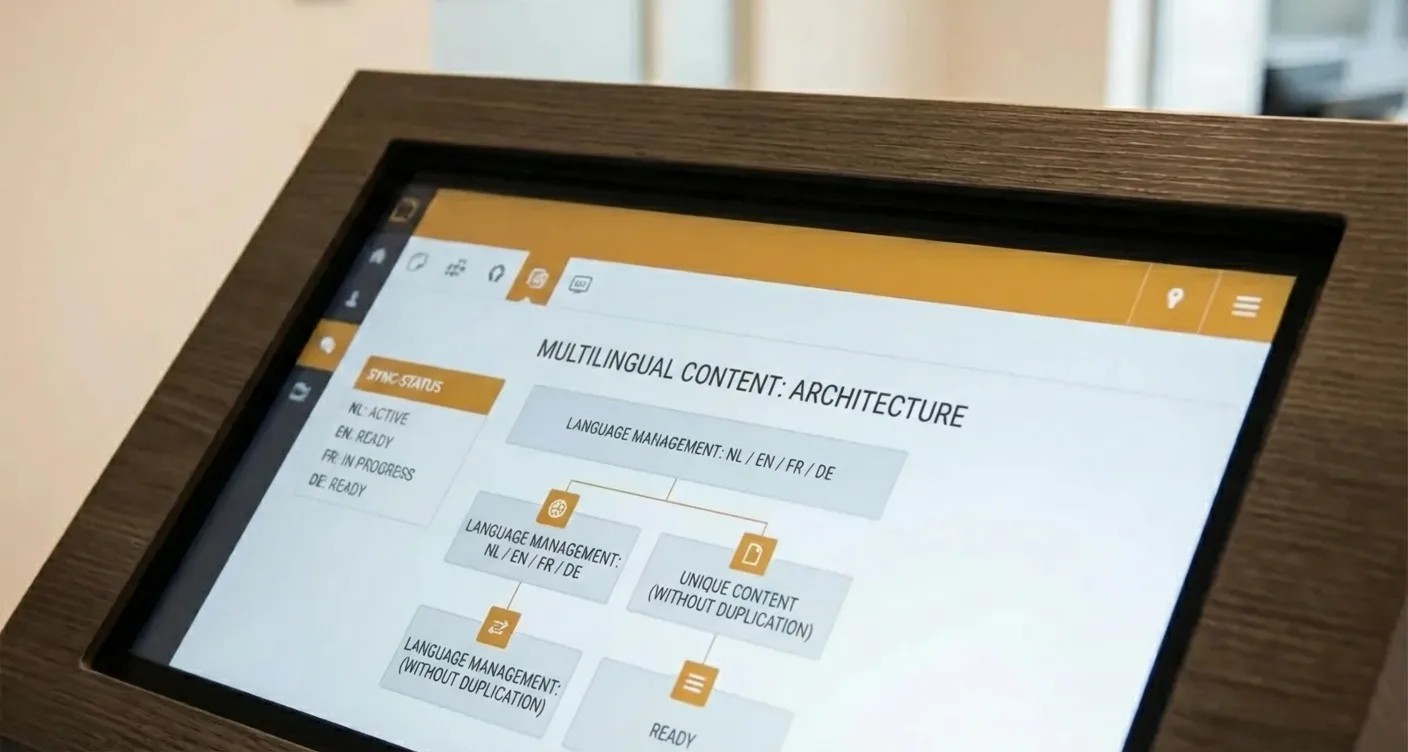 Professional digital dashboard managing multilingual content for NL, EN, FR, DE without duplication. Optimized global architecture.
