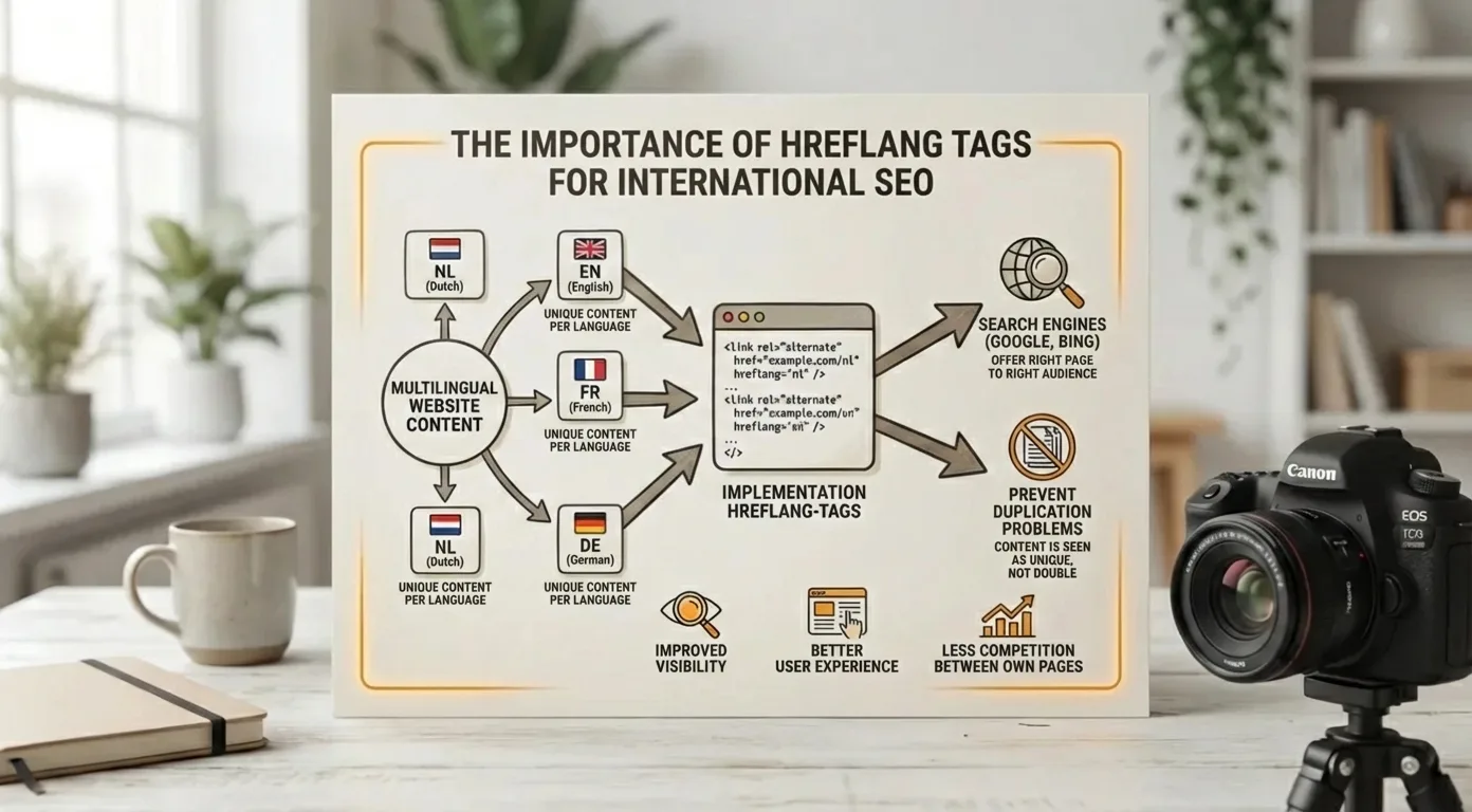 Infographic: hreflang tags for international SEO, multilingual content, and preventing duplicate content across English, French, German, Dutch.