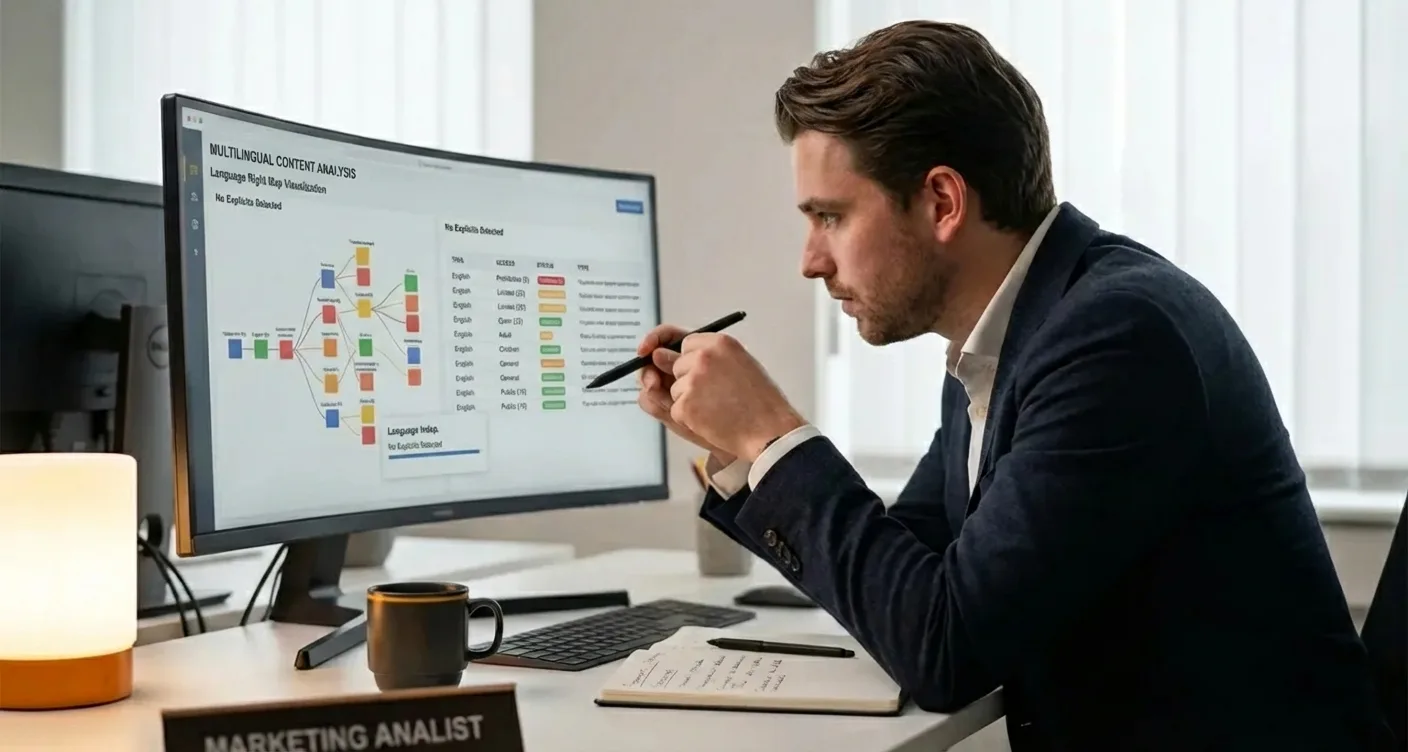 Marketer analyzes multilingual content strategy on screen, optimizing global SEO and localization for efficiency.