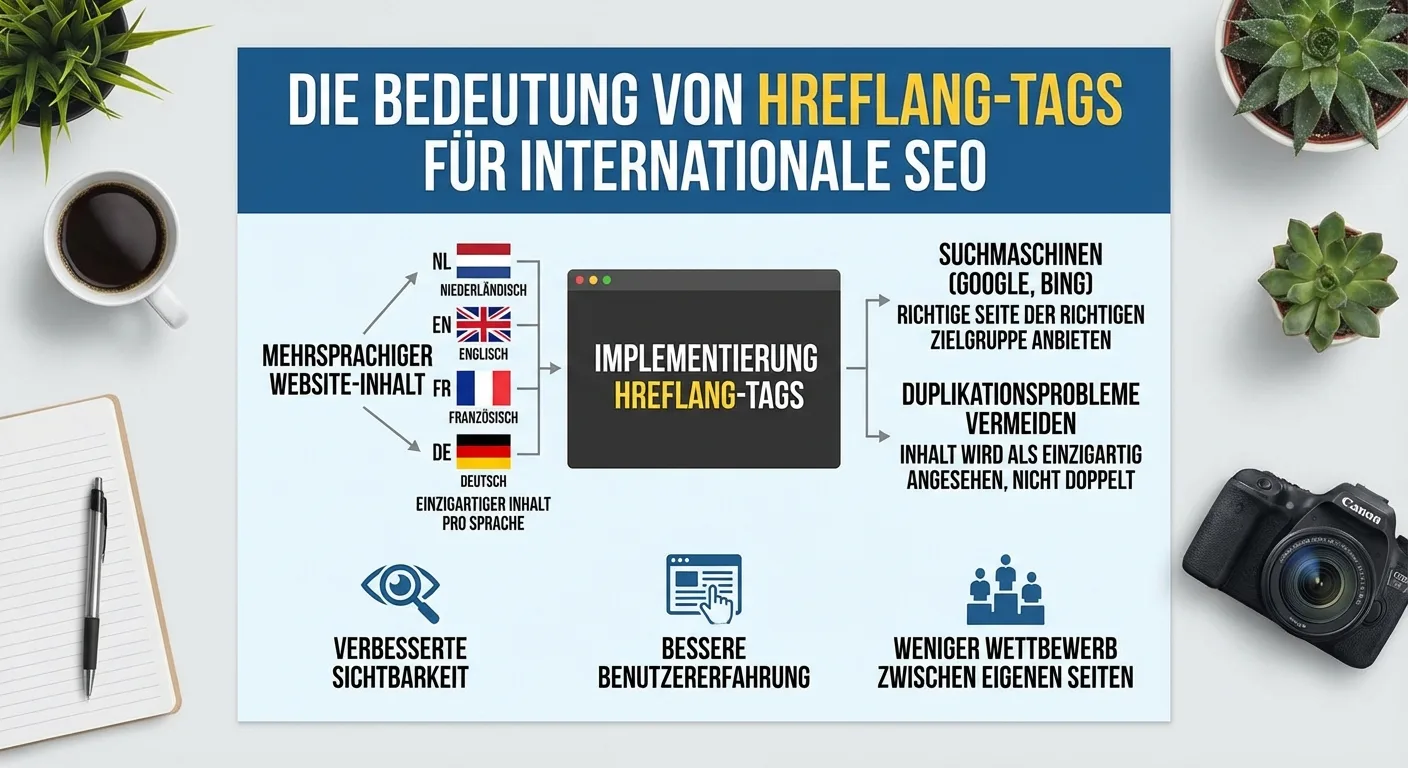 Infografik erklärt Hreflang-Tags für mehrsprachigen Content und internationale SEO, Vermeidung von Duplikaten.