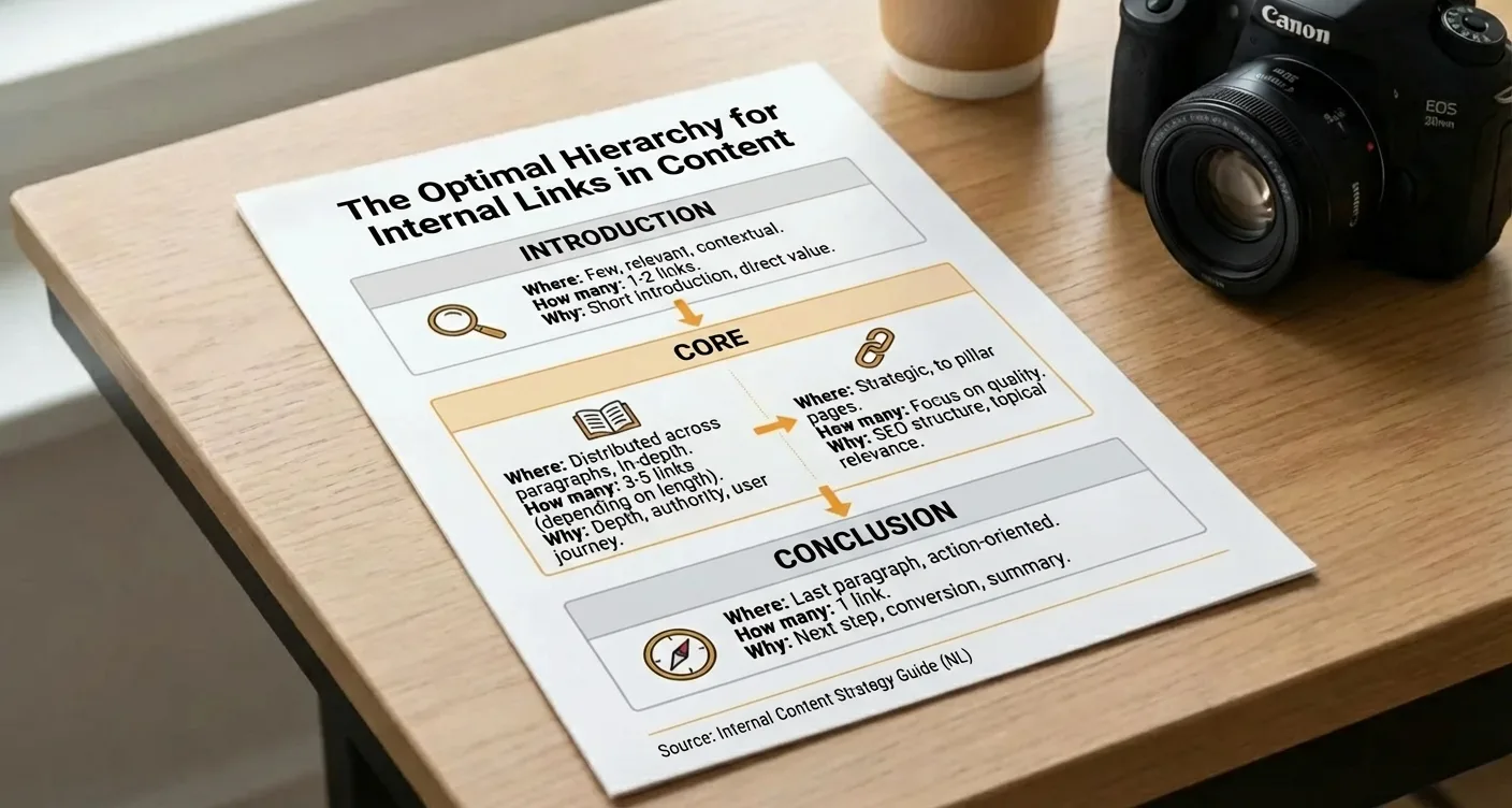 SEO infographic illustrating optimal internal link hierarchy and distribution across introduction, body, and conclusion for better rankings.
