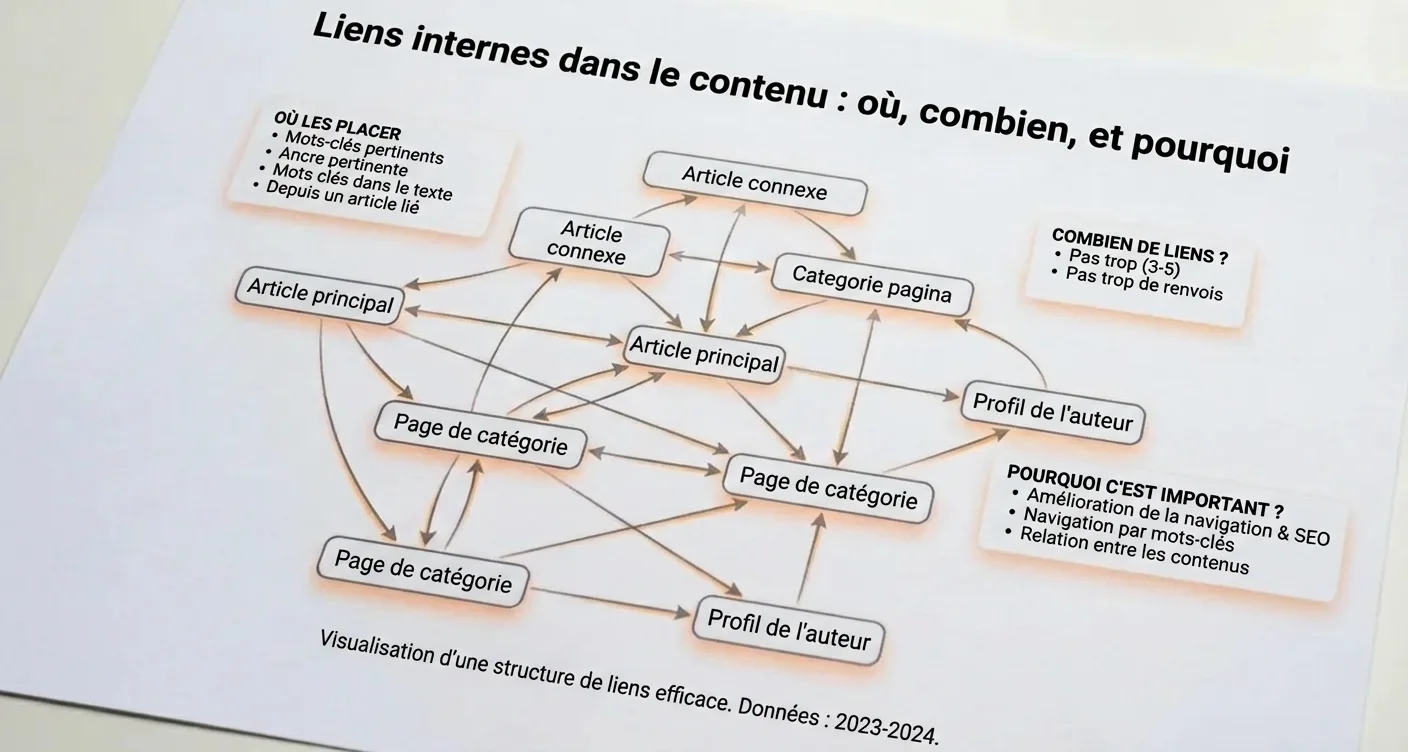 Diagramme SEO de maillage interne, montrant la structure des liens (où, combien, pourquoi) pour optimiser le contenu.