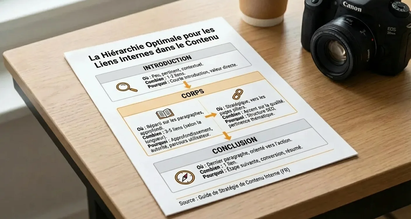 Infographie SEO: hiérarchie optimale du maillage interne pour contenu. Découvrez où, combien et pourquoi lier vos pages.