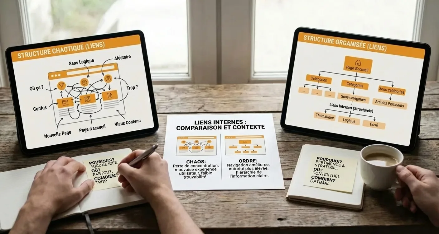 Diagramme comparatif: maillage interne chaotique vs structuré pour l'optimisation SEO.