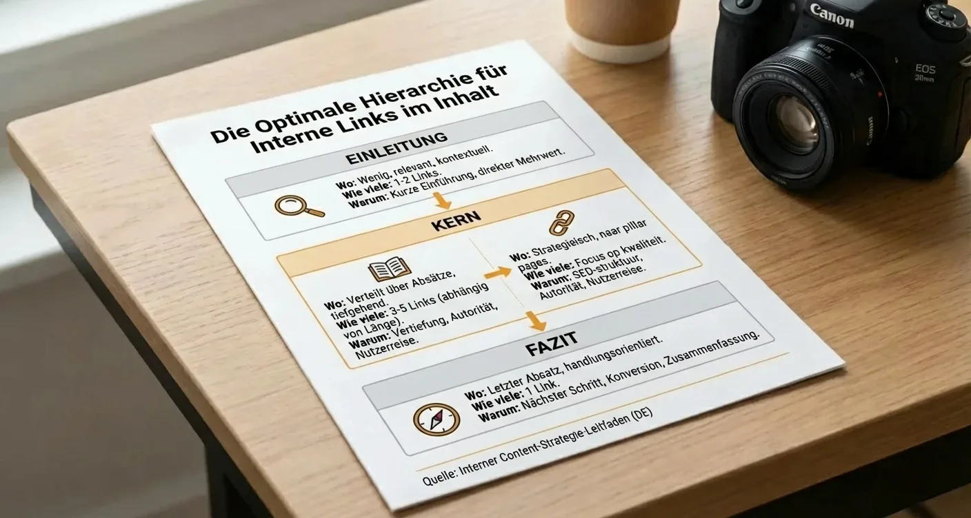 Optimale interne Linkstruktur im Content: Infografik zeigt SEO-Verlinkung in Einleitung, Hauptteil, Fazit für bessere Sichtbarkeit.