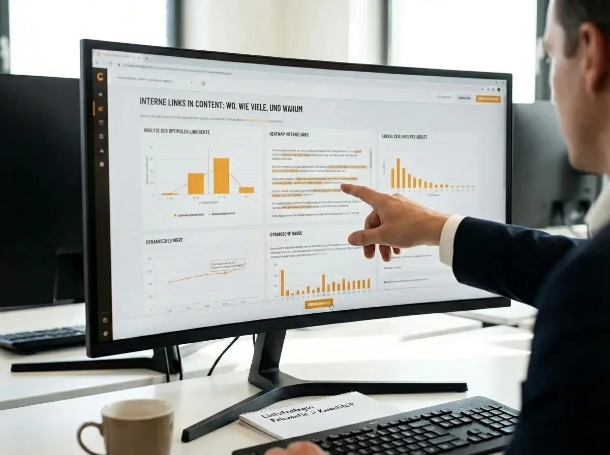 Strategische Analyse interner Links im Content auf Bildschirm für optimale Linkdichte und bessere SEO-Rankings.