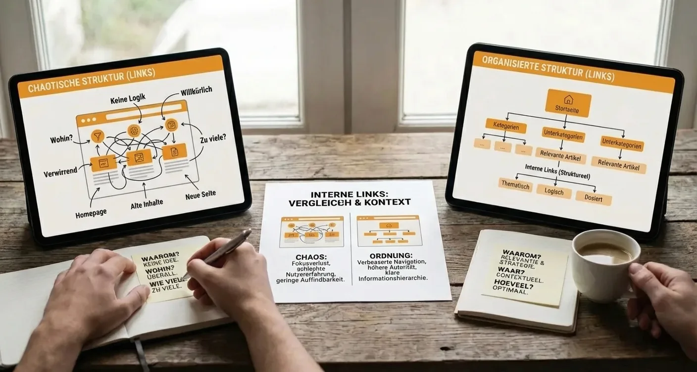 Gegenüberstellung: Chaotische vs. optimierte interne Linkstruktur im Content für effektive SEO und professionelles Webdesign.