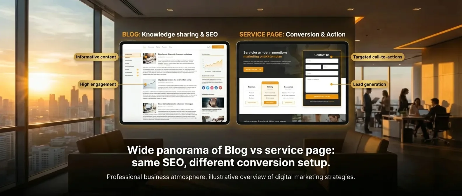 Mastering blog posts & service pages: strong SEO base, tailored conversion strategies for digital marketing.