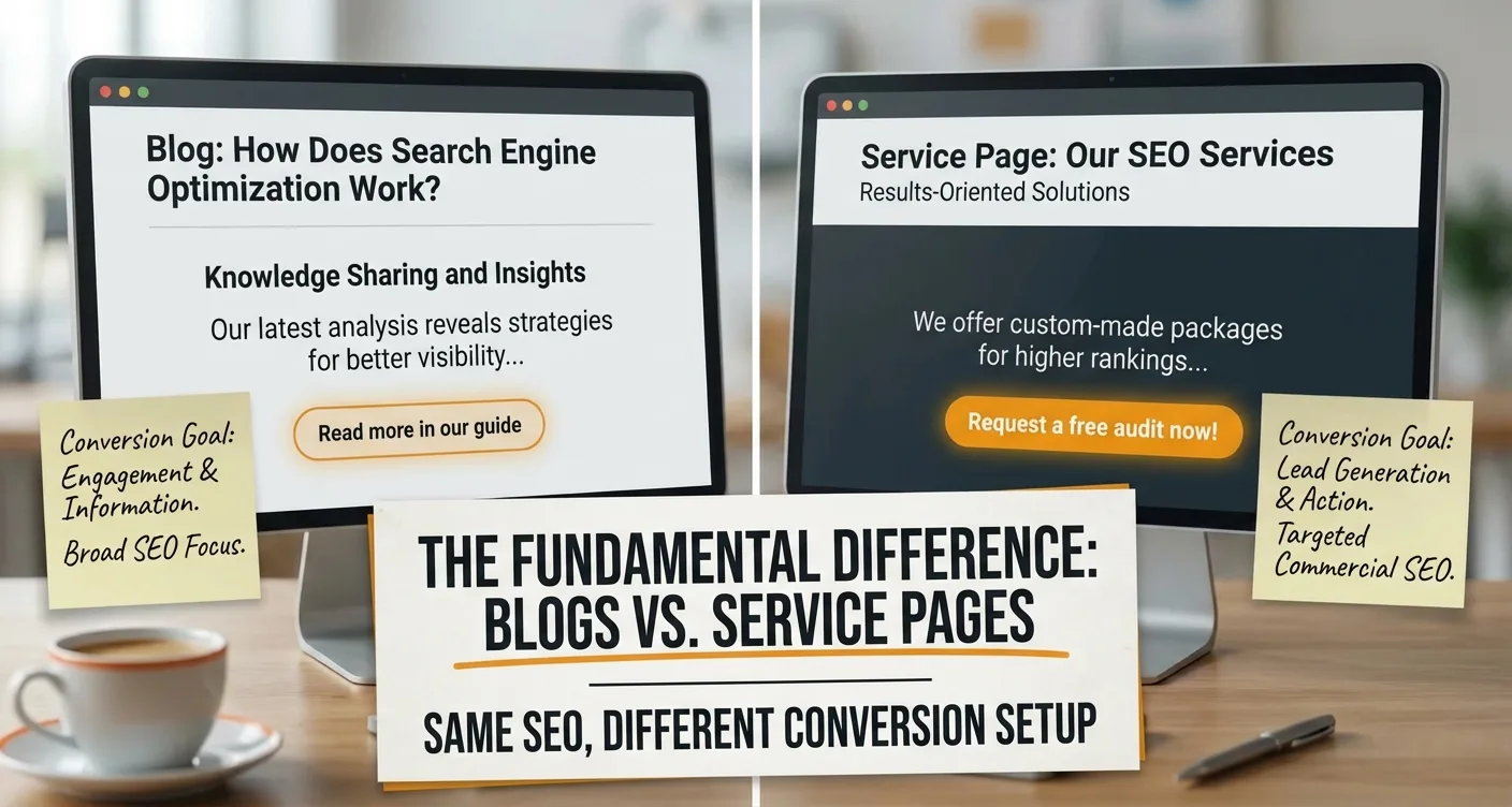 Infographic comparing blog posts vs. service pages for SEO and conversion in digital marketing strategy.