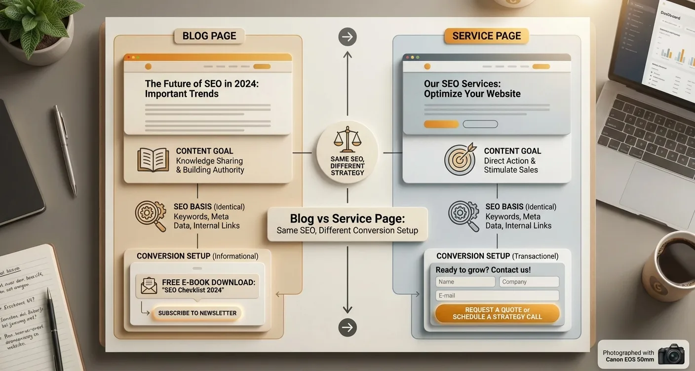 Digital marketing infographic explaining core SEO foundations and distinct conversion strategies for blog posts and service pages.