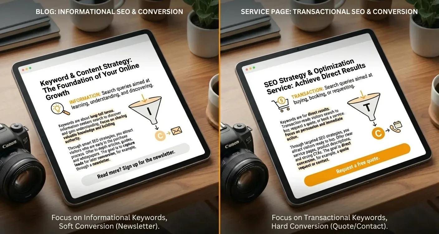 SEO content strategy comparing keywords for blog posts and service pages, showing informational and transactional intent.