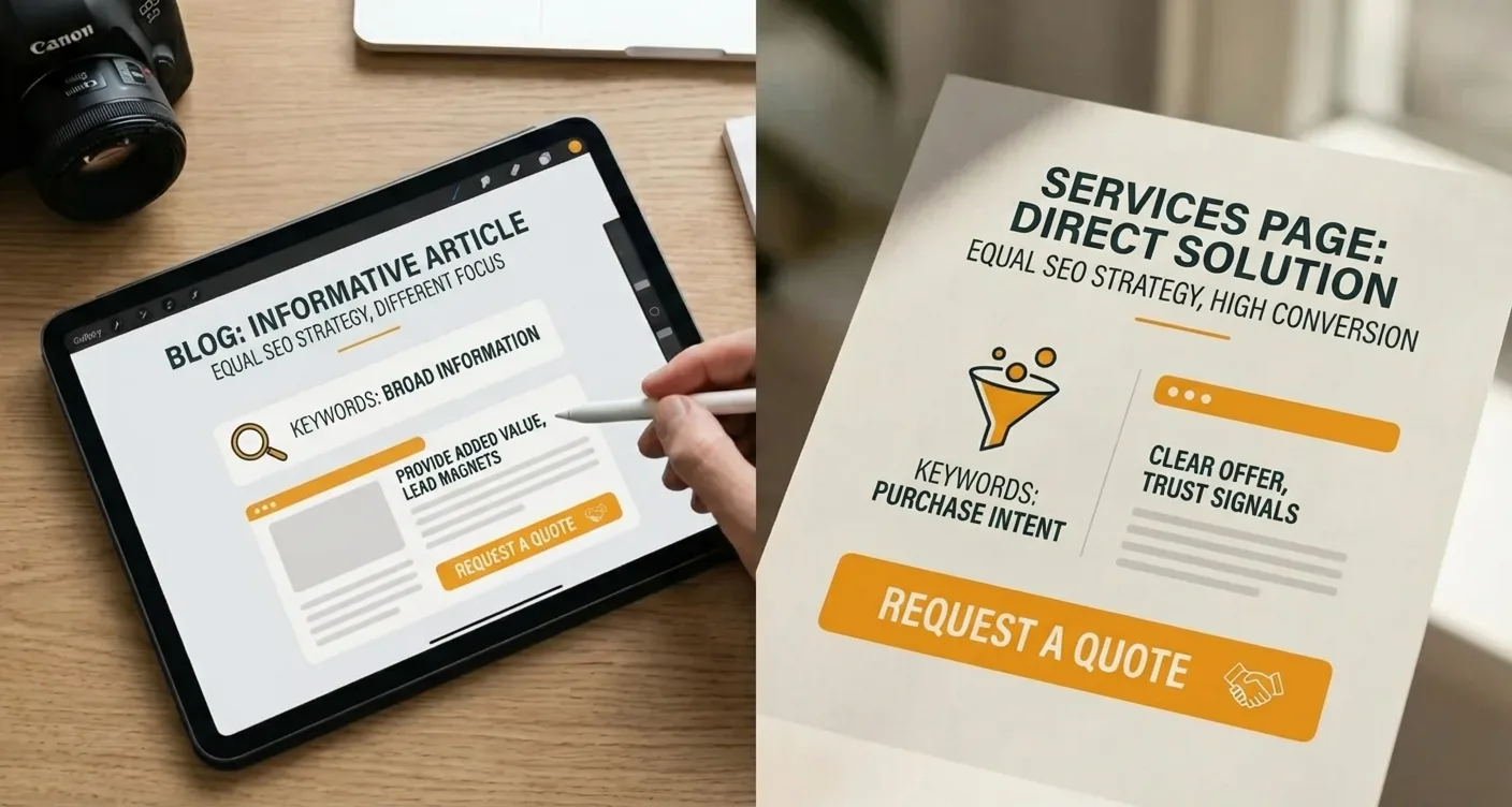 Blog vs. service page SEO conversion setup, optimizing informative articles for professional digital marketing success.