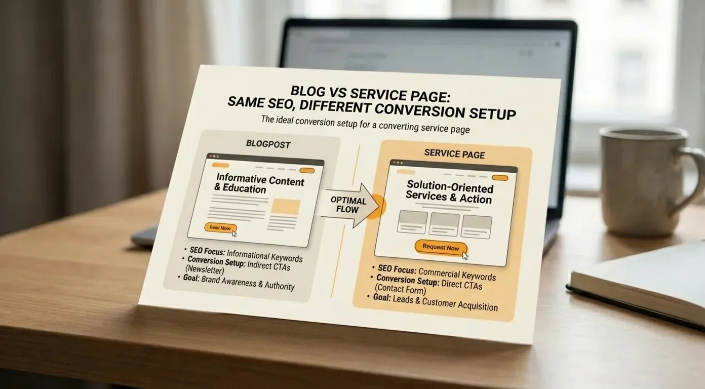Infographic on ideal service page conversion setup, contrasting blog vs service page SEO strategies for digital marketing.