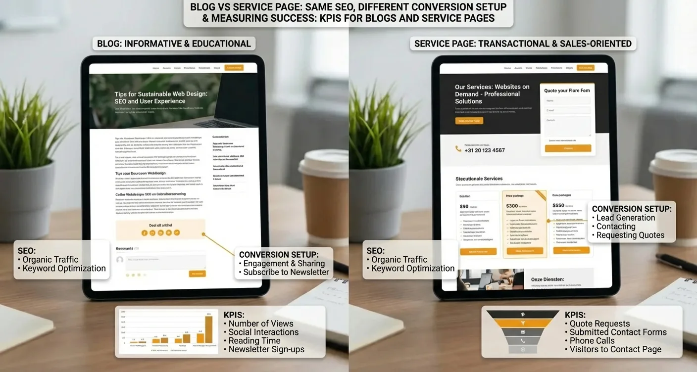Blog vs service page SEO conversion setup, measuring digital marketing success with KPIs.