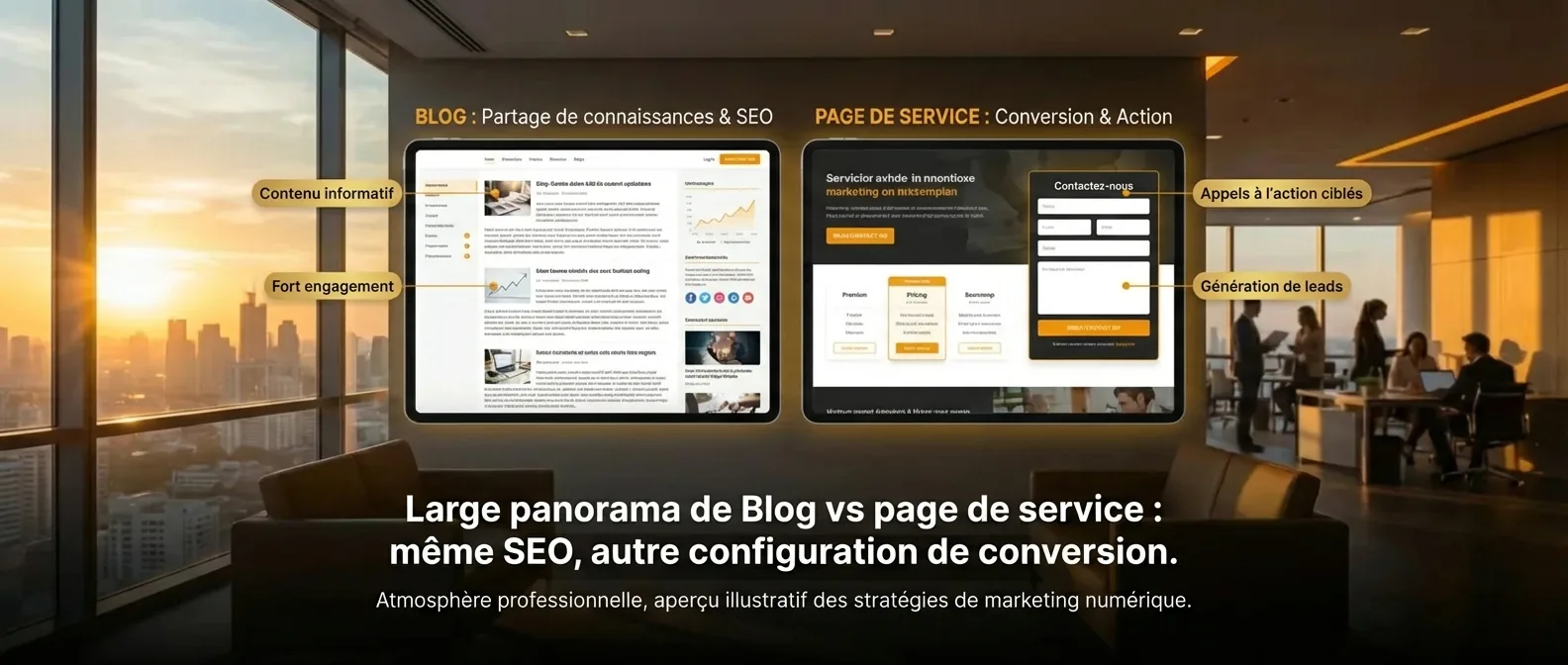 Comparatif SEO blog vs page de service : optimisation similaire, stratégies de conversion distinctes pour votre site web.
