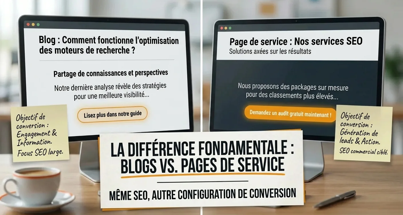 Infographie expliquant la distinction SEO entre blog et page de service. Même référencement naturel, mais conversion différente pour le marketing digital.